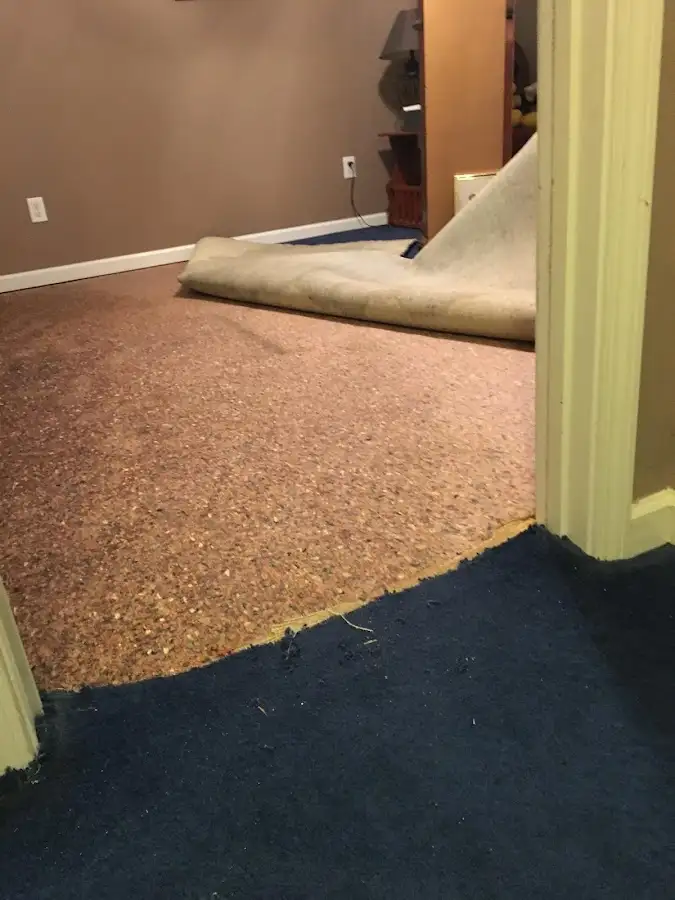 Carpet pad removal revealing water damage during Water Mitigation Services in Suisun City